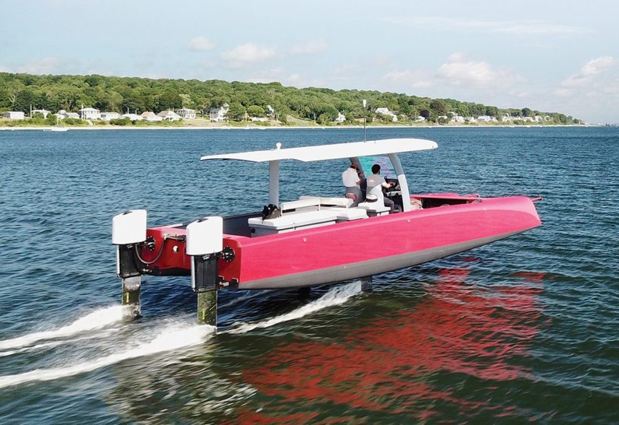Goetz Composites Red Foiling Boat flying on its foils