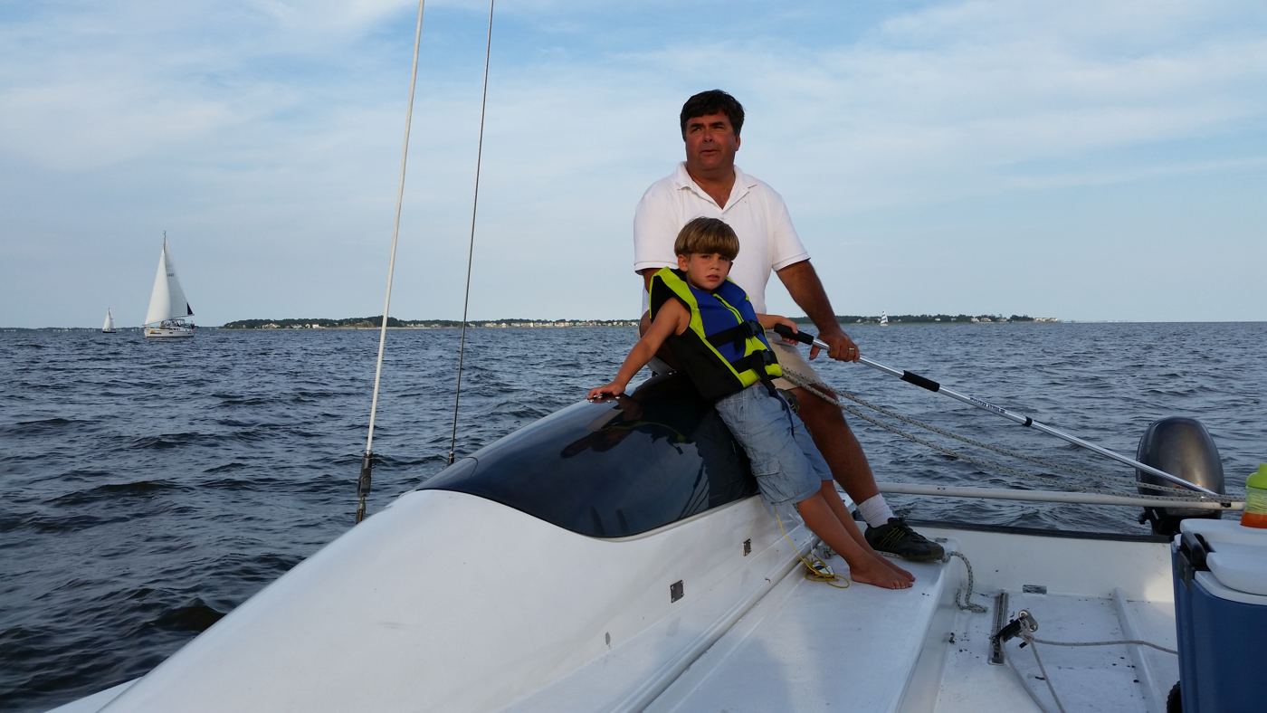 Sailing a Stiletto on the sound with my son.
