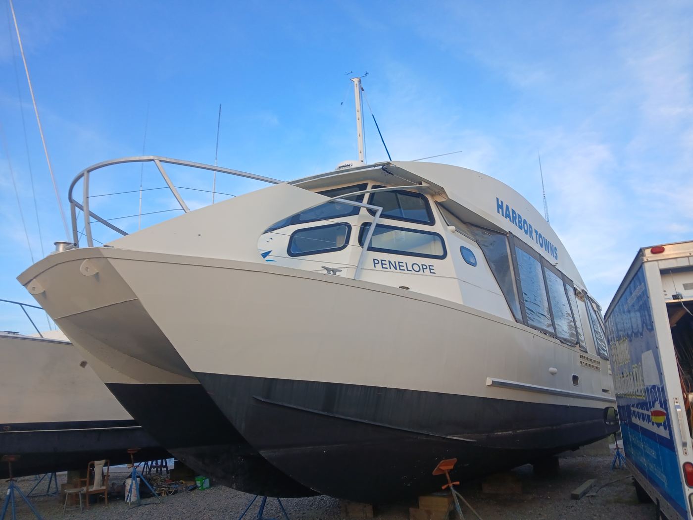 Penelope, the Harbor Towns catamaran, on the hard.